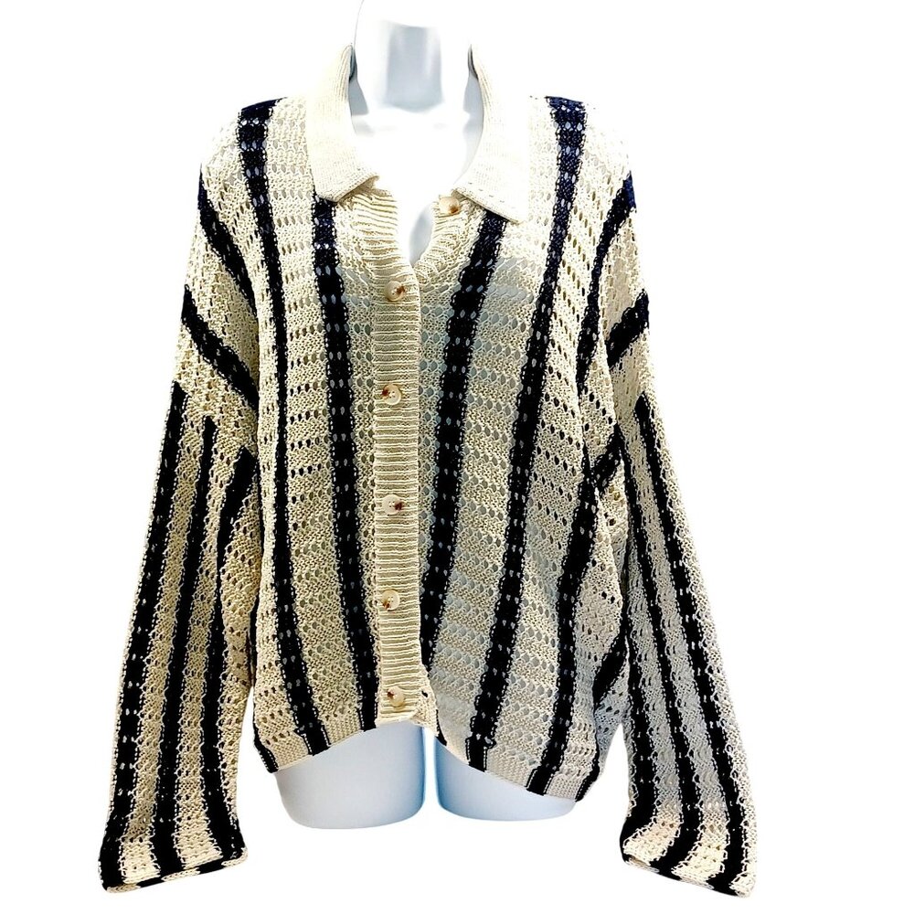 CLEO NWT Bohemian Nautical Slouchy Crochet Knit Eyelet Retro Sweater Women Sz XL